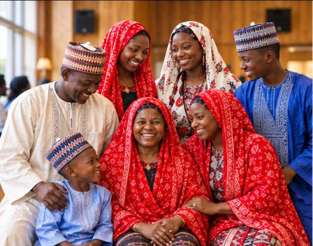 Members of the Borno community, three generations, talking and laughing in a sunlit community hall.